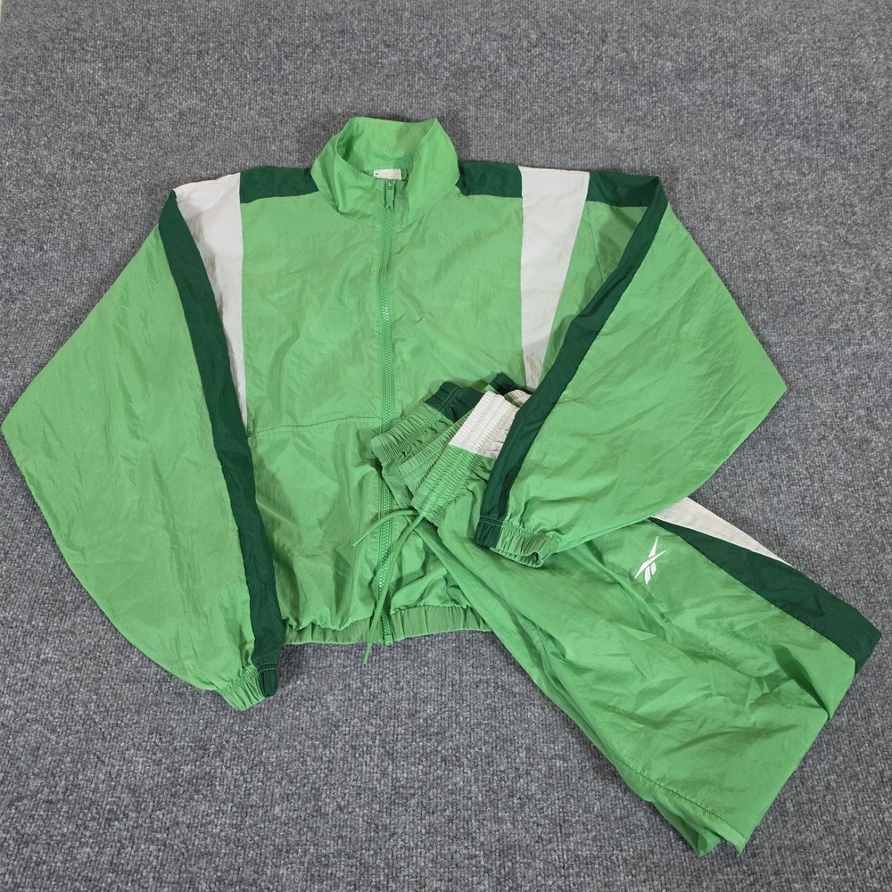 Y2K Reebok Mens Green Colorblock Full Zip Nylon Windbreaker Track Jacket Size M